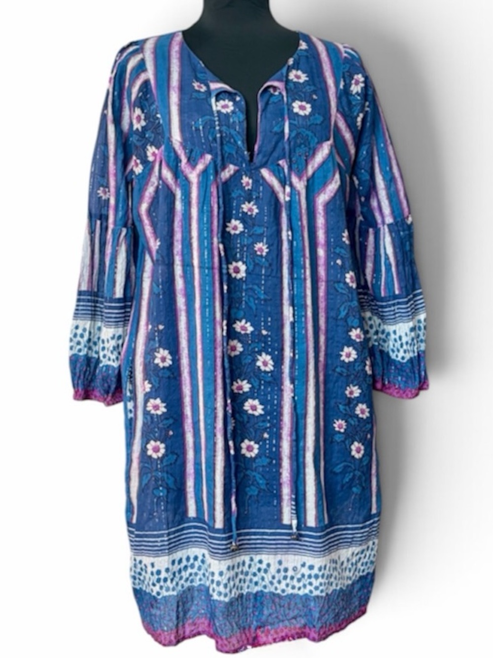 Vintage Indian Dress Cotton Gauze Floral Block Print Lurex 1970s Kaftan